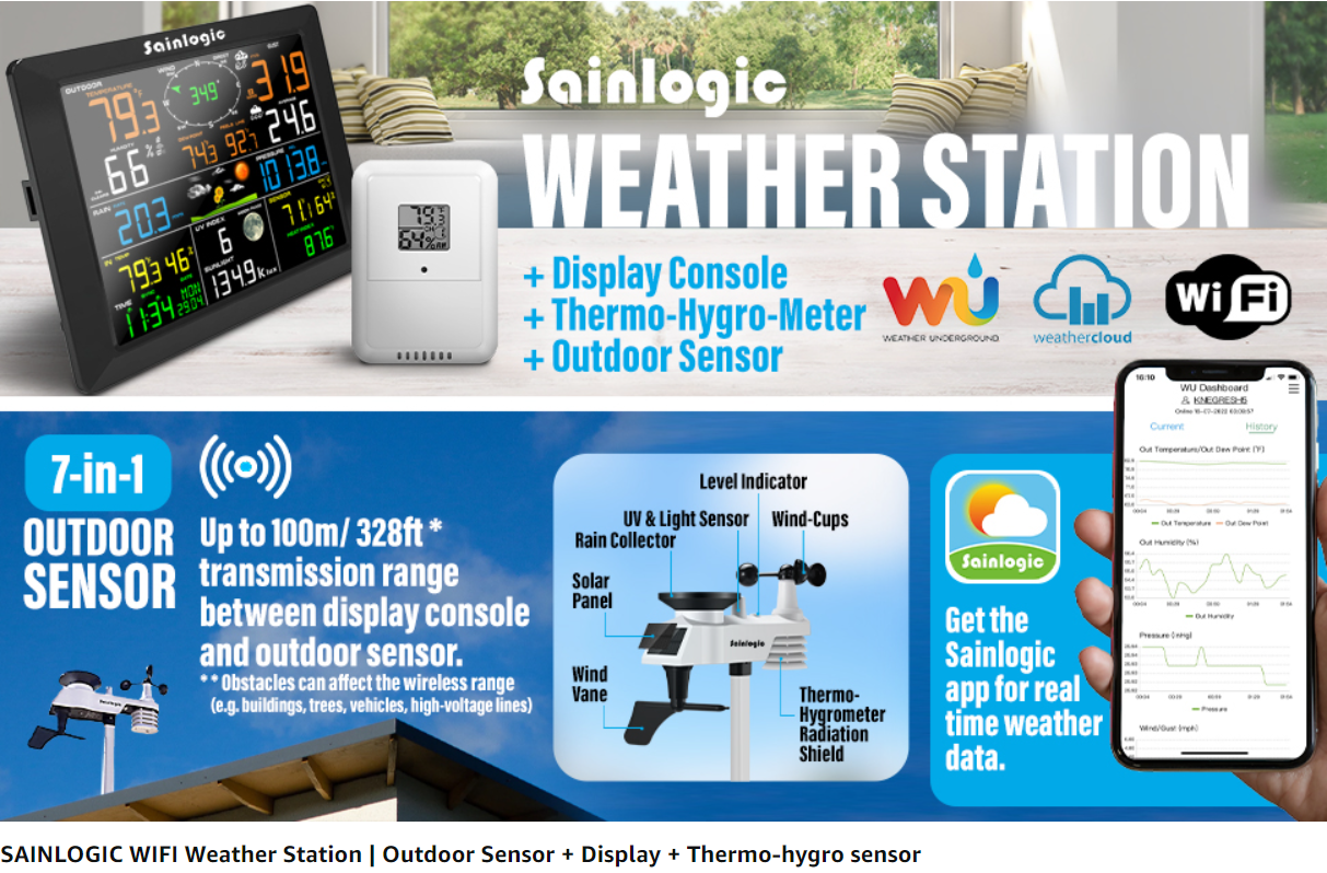 Sainlogic Professional WiFi Weather Station with Outdoor Sensor, Internet  Wireless Weather Station Remote Monitoring System, 10.2 Inch Color Display  with Rain Gauge, Temperature and UV, Wunderground